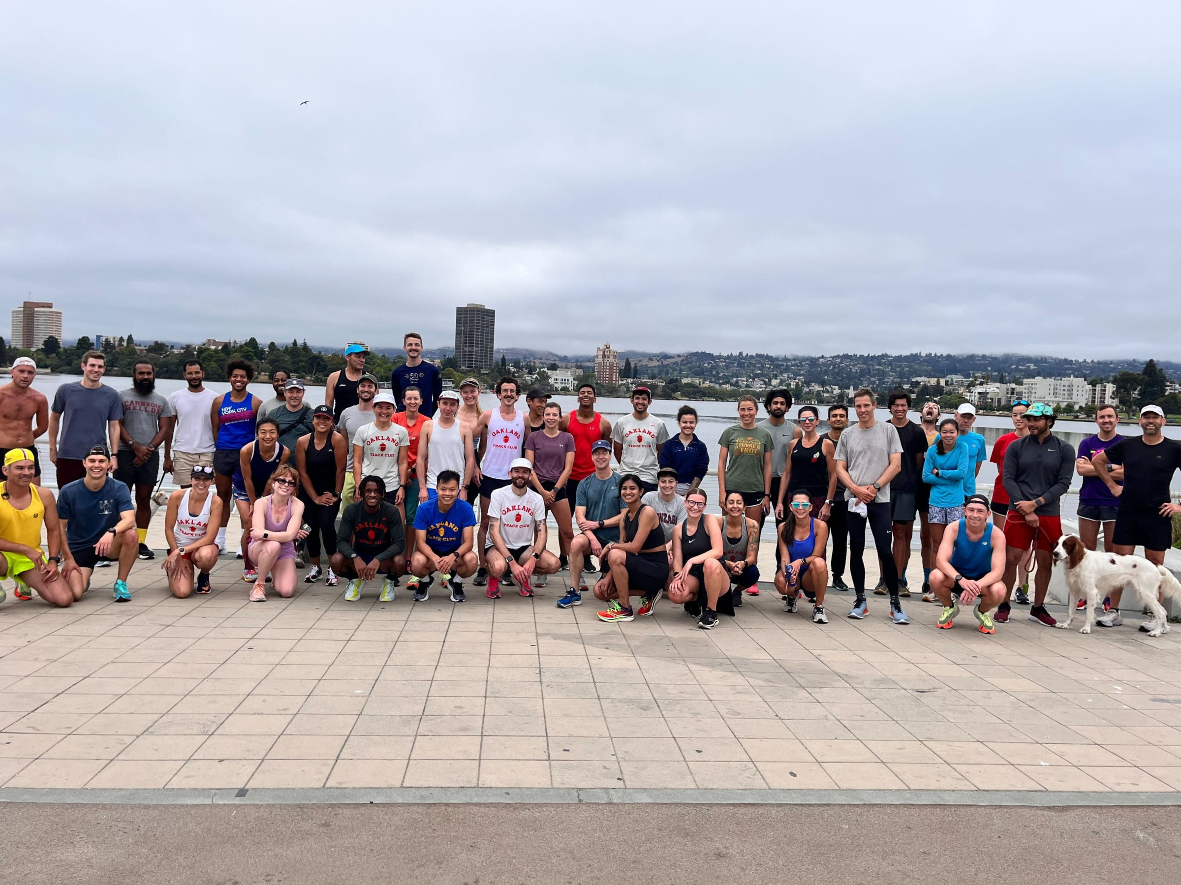 A large group of Oakland Track Club members at Lake Merritt